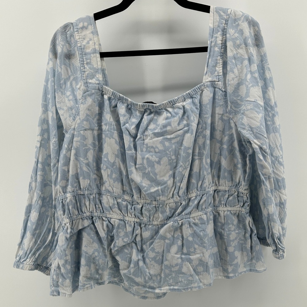 Free Assembly Light Blue Floral Square Neck Peplum Cotton Blouse XXL Cottagecore - Picture 7 of 9